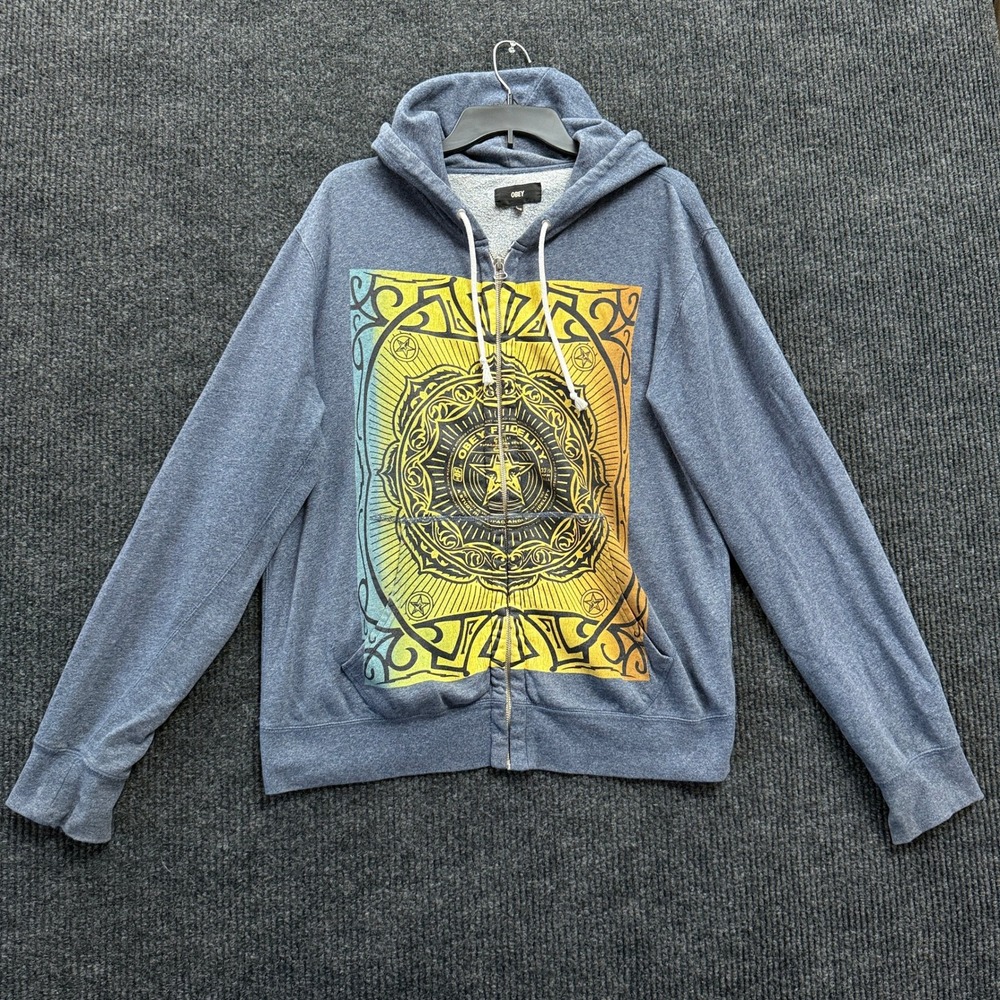 OBEY Fidelity Graphic Zip Hoodie Mens L Large Blue Sweatshirt Skate Streetwear